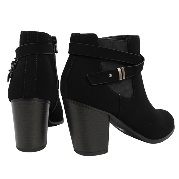 Black Strappy Elastic Stacked Heel Ankle Bootie - Picture 3 of 7